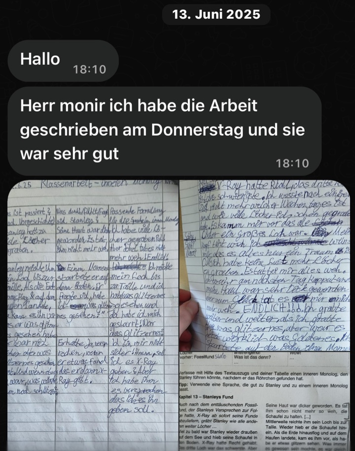 Nachricht: Ich habe die Arbeit am Donnerstag geschrieben und sie war sehr gut, dazu Fotos der Klassenarbeit